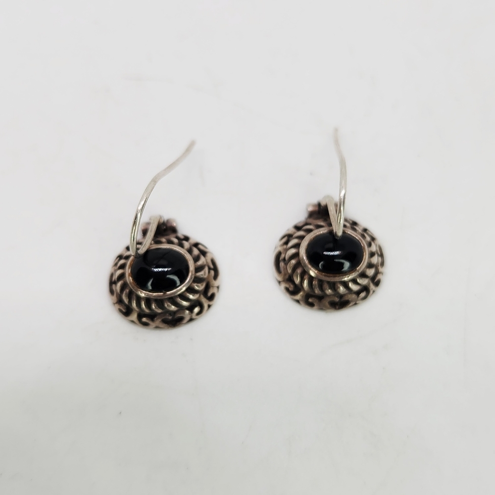 Sterling Silver 925 Oval Onyx Drop Earrings Cable Twist Scroll Heart Trim Signed
